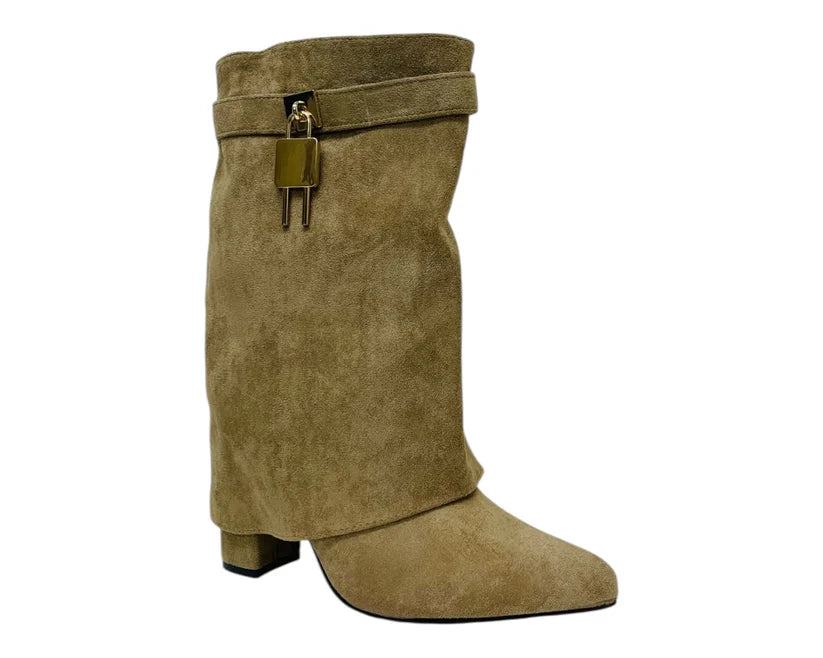Faux Suede Fold Over Padlock Ankle Boots