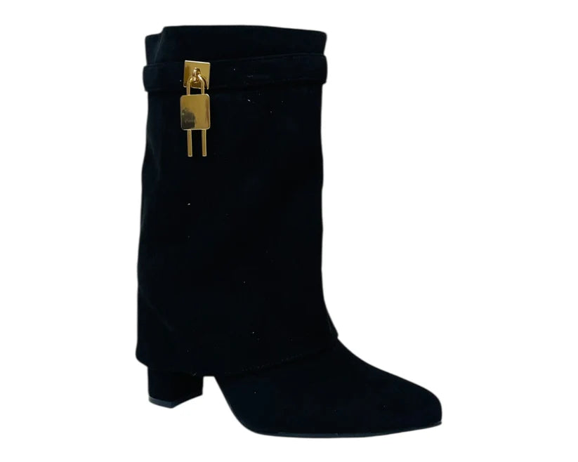 Faux Suede Fold Over Padlock Ankle Boots