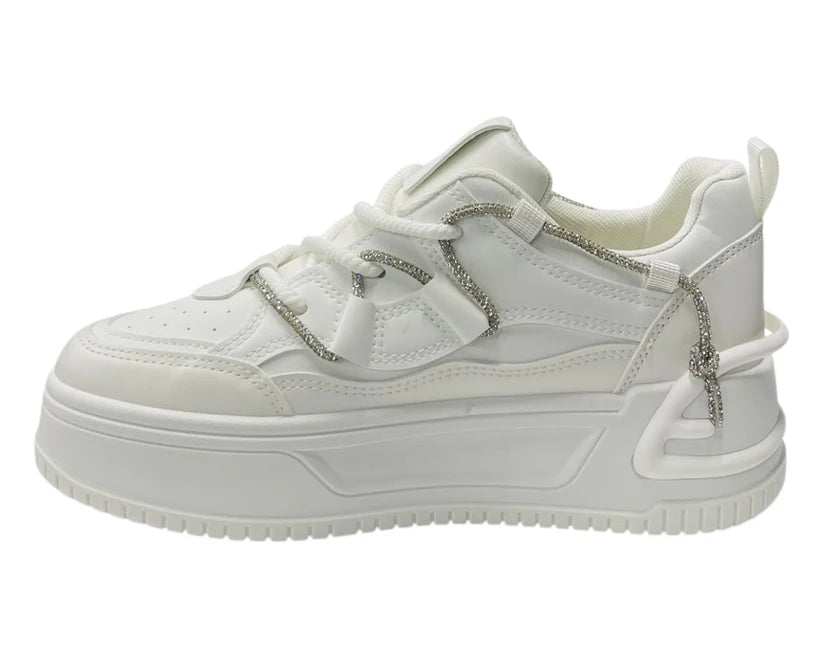 Platform Faux Leather Diamante Lace Up Trainers