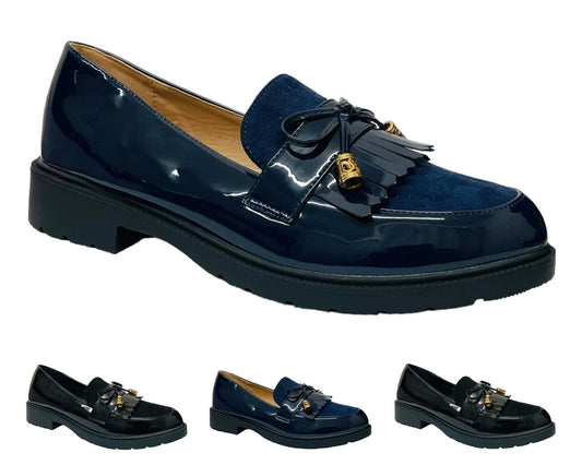 Faux Patent Leather Tassel Slip On Shoes