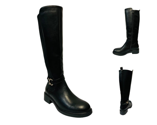 Women's RQ-51 Faux Leather Knee High Stretch Zip Boots Black