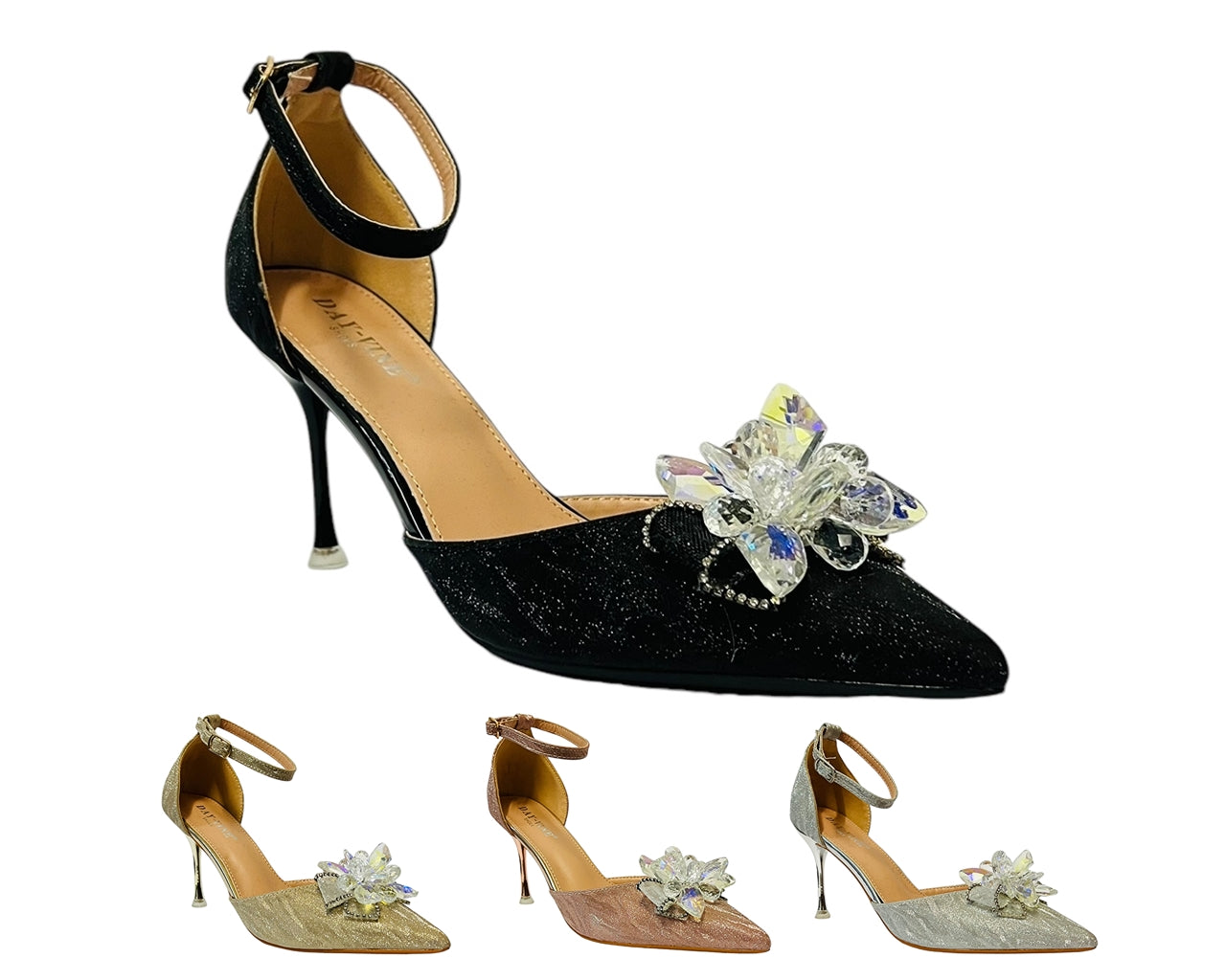 Ankle Strap Diamante Flower Open Court Shoes
