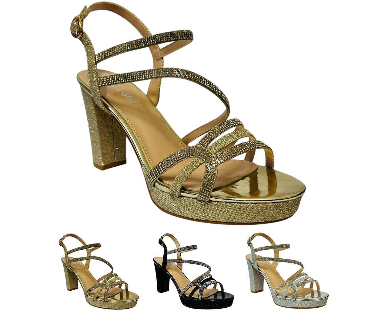 Ankle Strap Diamante Glitter Block Heel Shoes