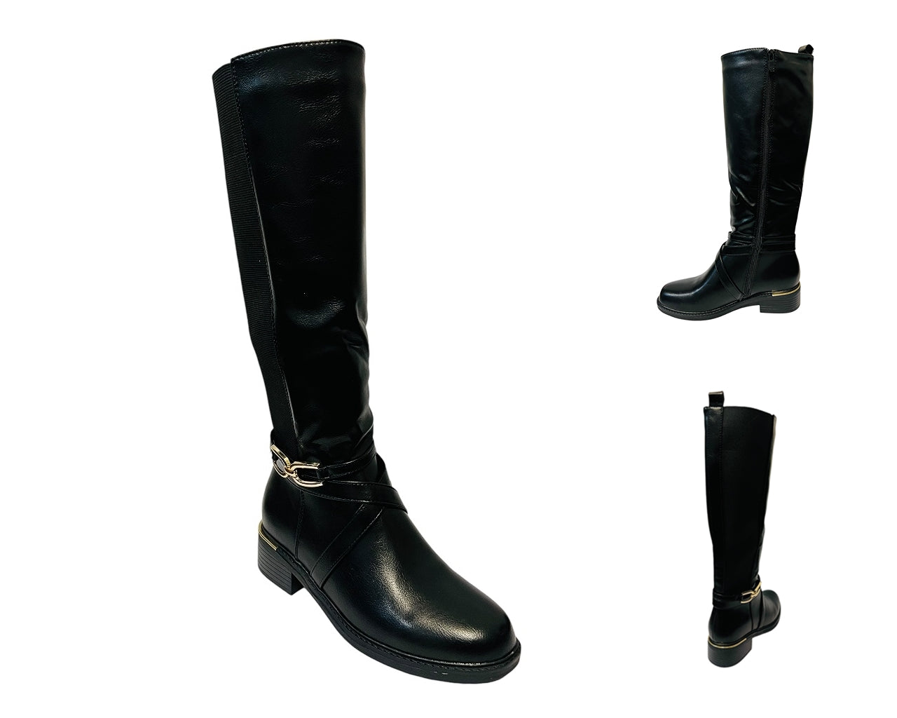 Women's CHC320 Faux Leather Knee High Stretch Zip Boots Black