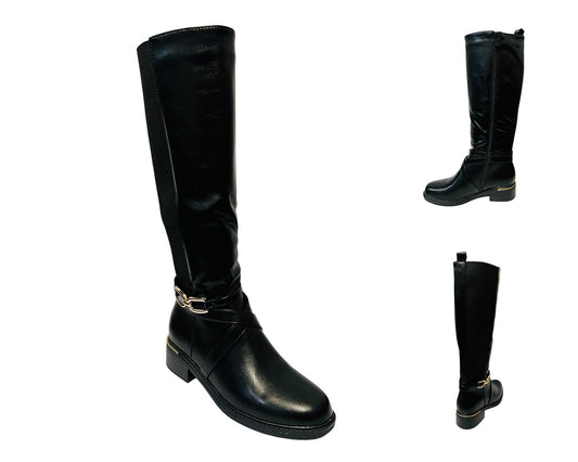 Women's CHC320 Faux Leather Knee High Stretch Zip Boots Black