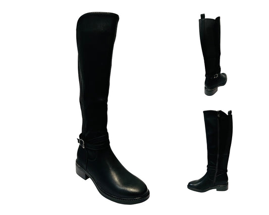 Women's JM 22-0869 Faux Leather Knee High Stretch Boots Black