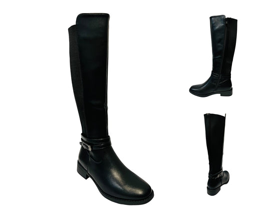 Women's 1669 Faux Leather Knee High Stretch Zip Boots Black