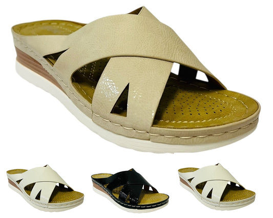 Women's Lightweight Cross Strap Patent Wedge Slider