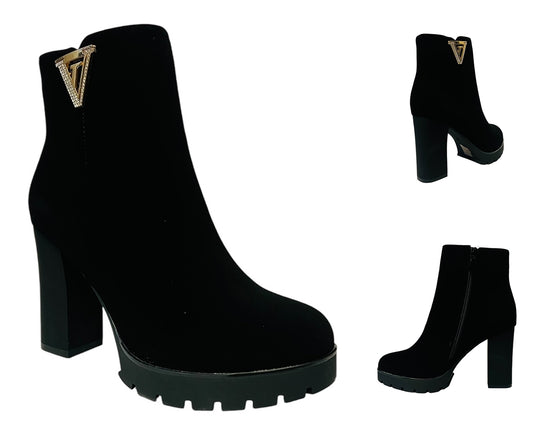 Women's Block High Heels Zip Ankle Boots Black Suede