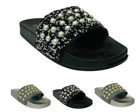 Women's Faux Leather Lightweight Flat Glitter Sliders