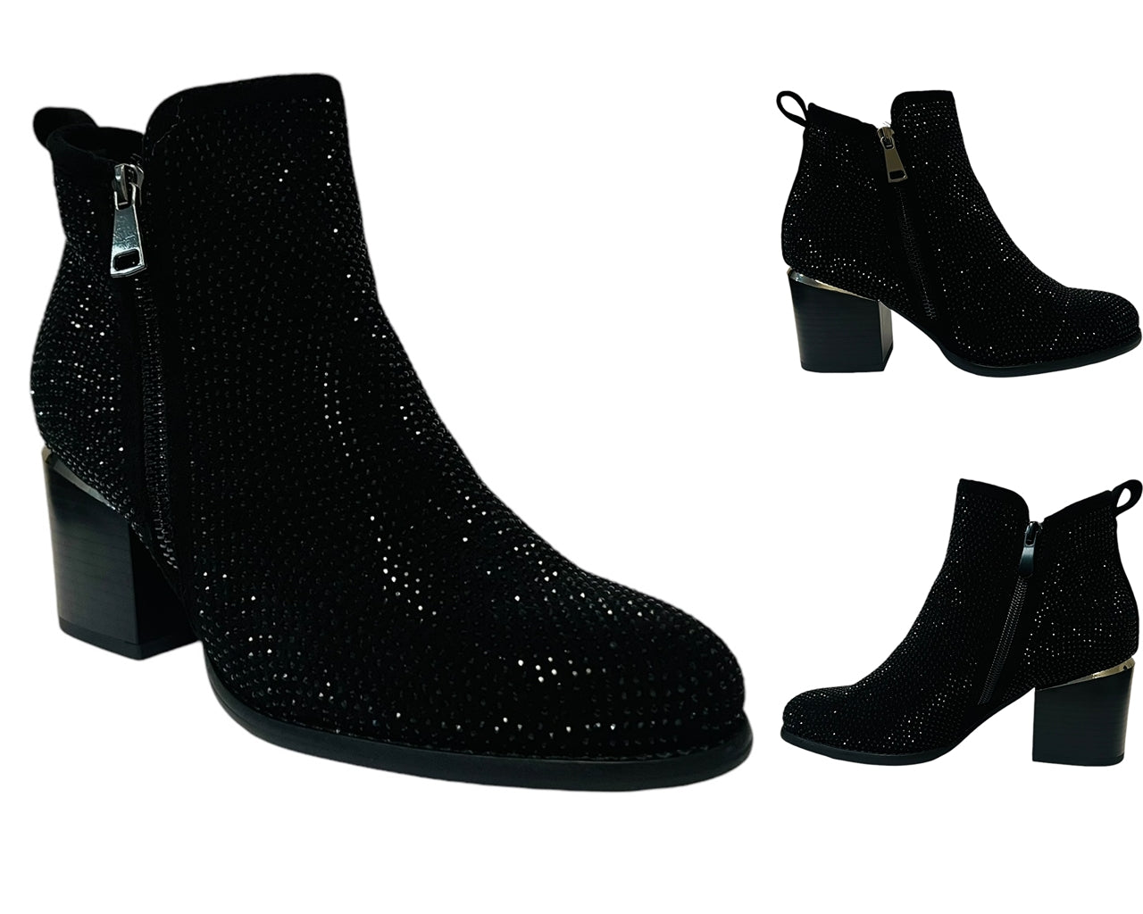 Women's Block Heel Rhinestone Zip Ankle Boots Black