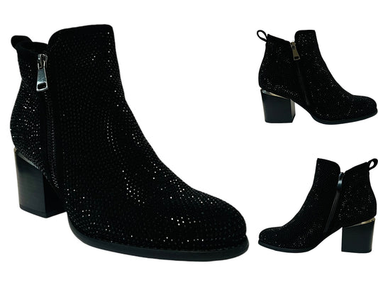 Women's Block Heel Rhinestone Zip Ankle Boots Black