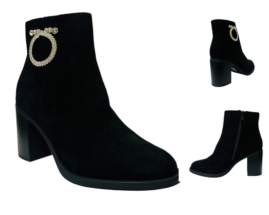 Women's Block High Heels Zip Ankle Boots Black Suede