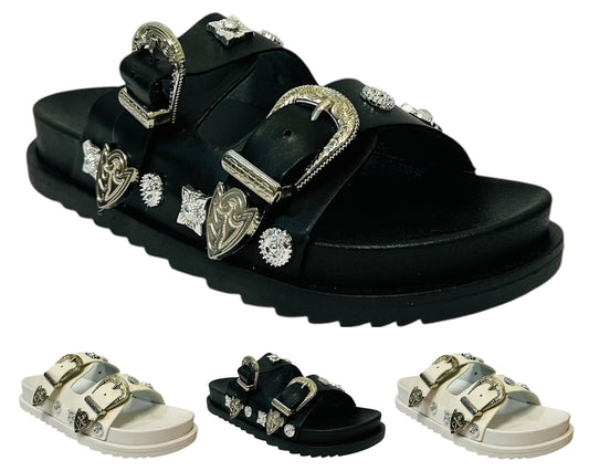 Women's Faux Leather Flat Studded Sliders