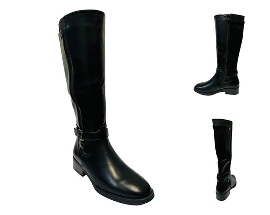 Women's 6301 Faux Leather Knee High Stretch Zip Boots Black