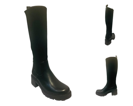 Women's Faux Leather Knee High Stretch Boots Black