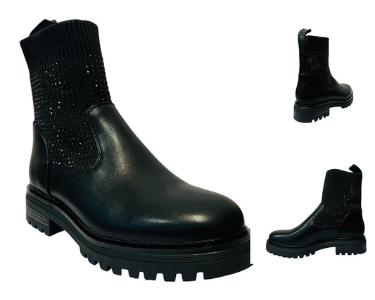 Women's Rhinestone Faux Leather Stretch Ankle Boots