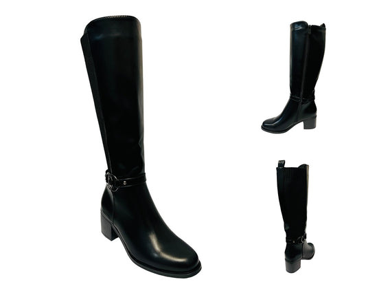 Women's CHC335 Faux Leather Block Heel Knee High Stretch Zip Boots Black