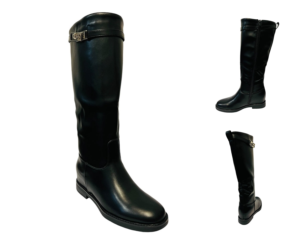 Women's 1610 Faux Leather Knee High Zip Boots Black