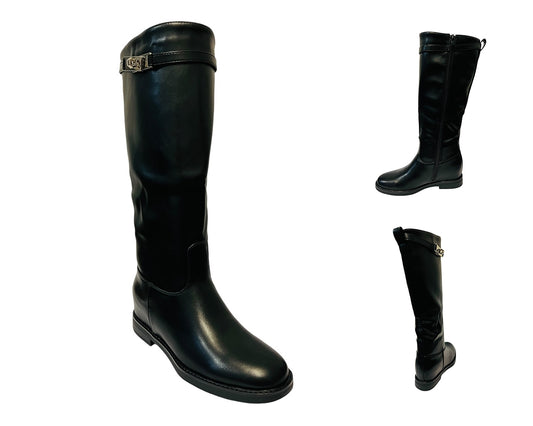 Women's 1610 Faux Leather Knee High Zip Boots Black