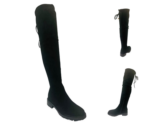 Women's Canvas Flat Heel Over the Knee Boots Black