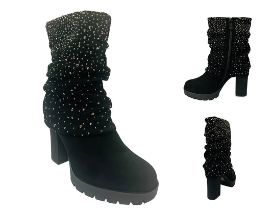 Women's Block Heels Zip Diamante Ankle Boots Black