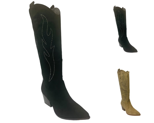 Women's Western Cowboy Embroidered Suede Long Boots